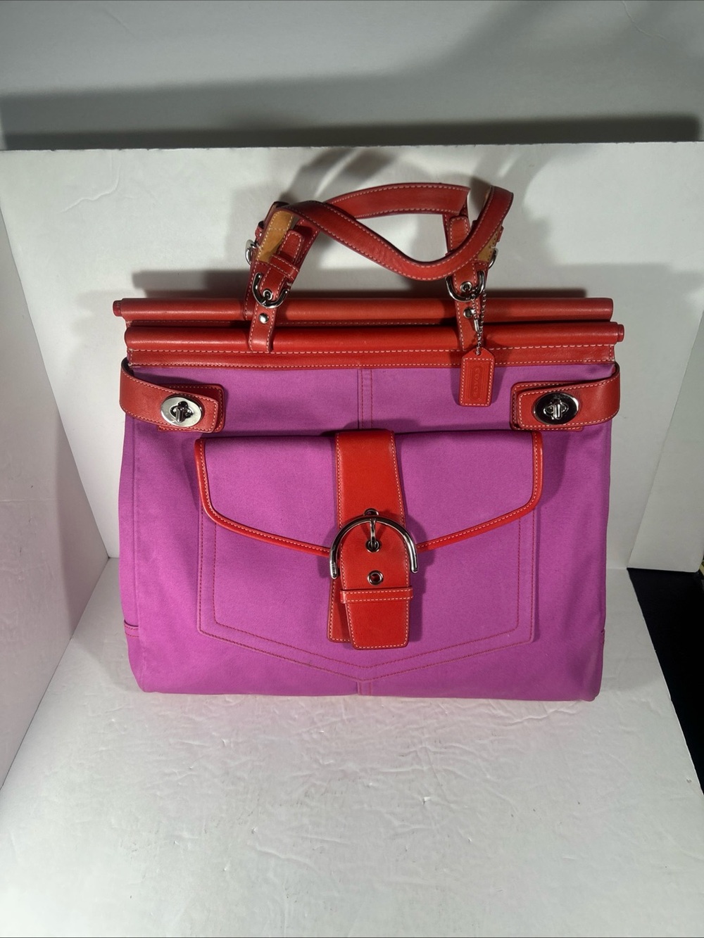 Coach Hampton Double Turnlock Satchel Style No. 9367 (A043-9367) – Pink/Red.